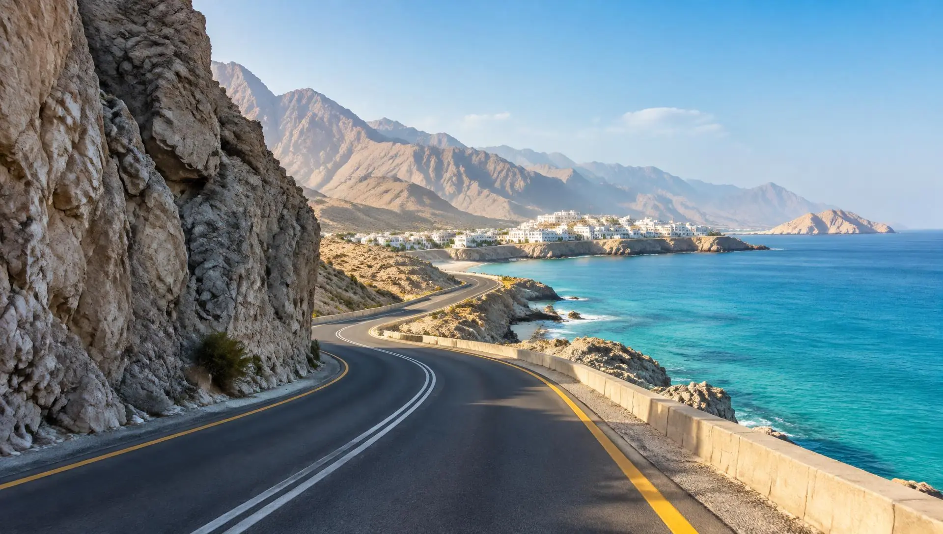 Oman-inspired coastal road and mountain scenery